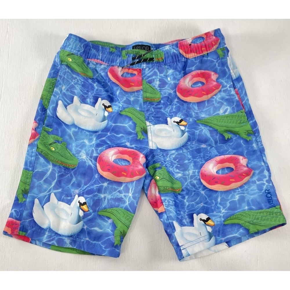 VALOR Boys Swim Trunks Shorts Size L Pool Donut Alligator Swan Floats Colorful‎